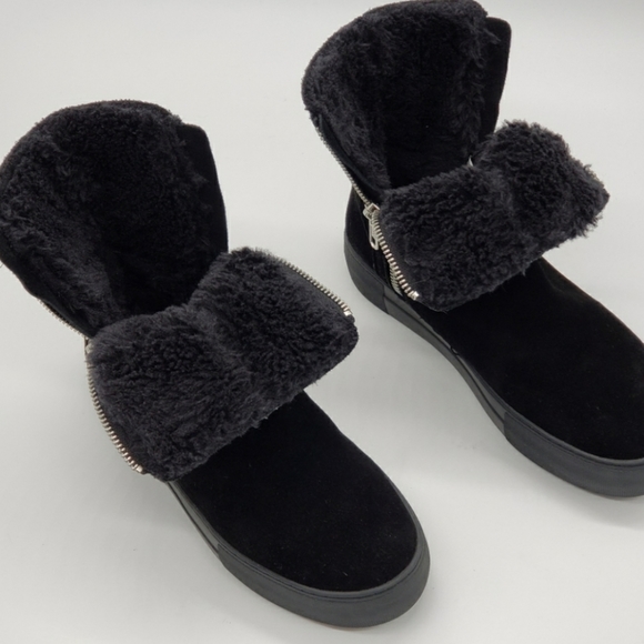 J/Slides Trulie Water Resistant Suede Platform Wedge Ankle Bootie with Faux Fur - Picture 2 of 13